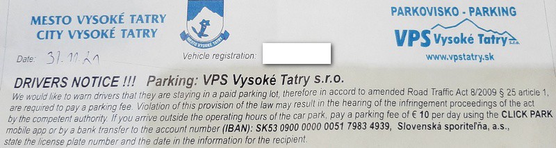 Popradzki Staw nota parkingowa